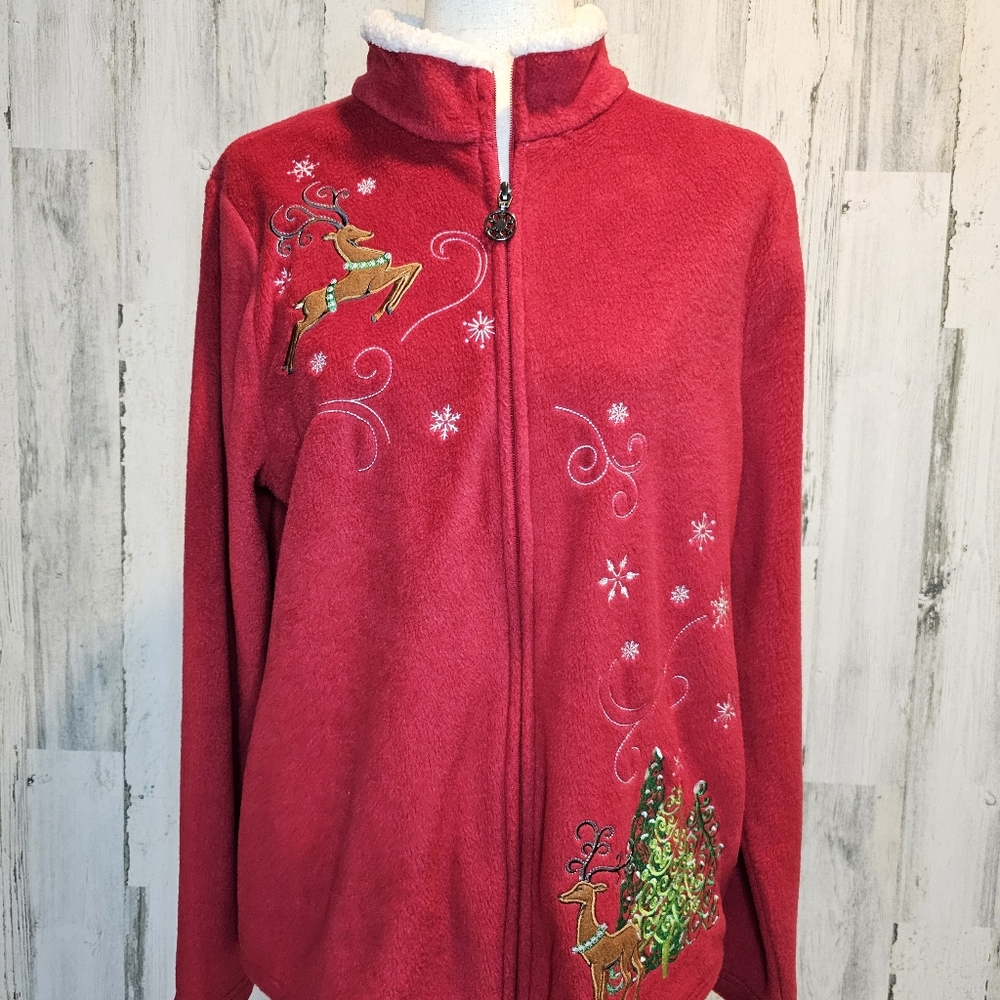Breckenridge Women's Large Red Fleece Christmas Jacket Sherpa Collar Embroidered - Picture 5 of 14